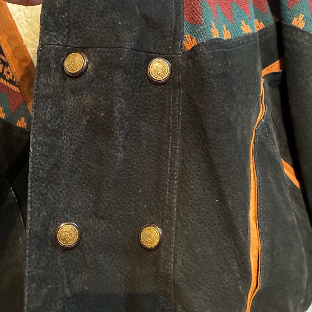 Vintage Aztec Color block Suede Jacket USA Faux Sherpa Trim Rancher *DISTRESSED - Picture 2 of 16